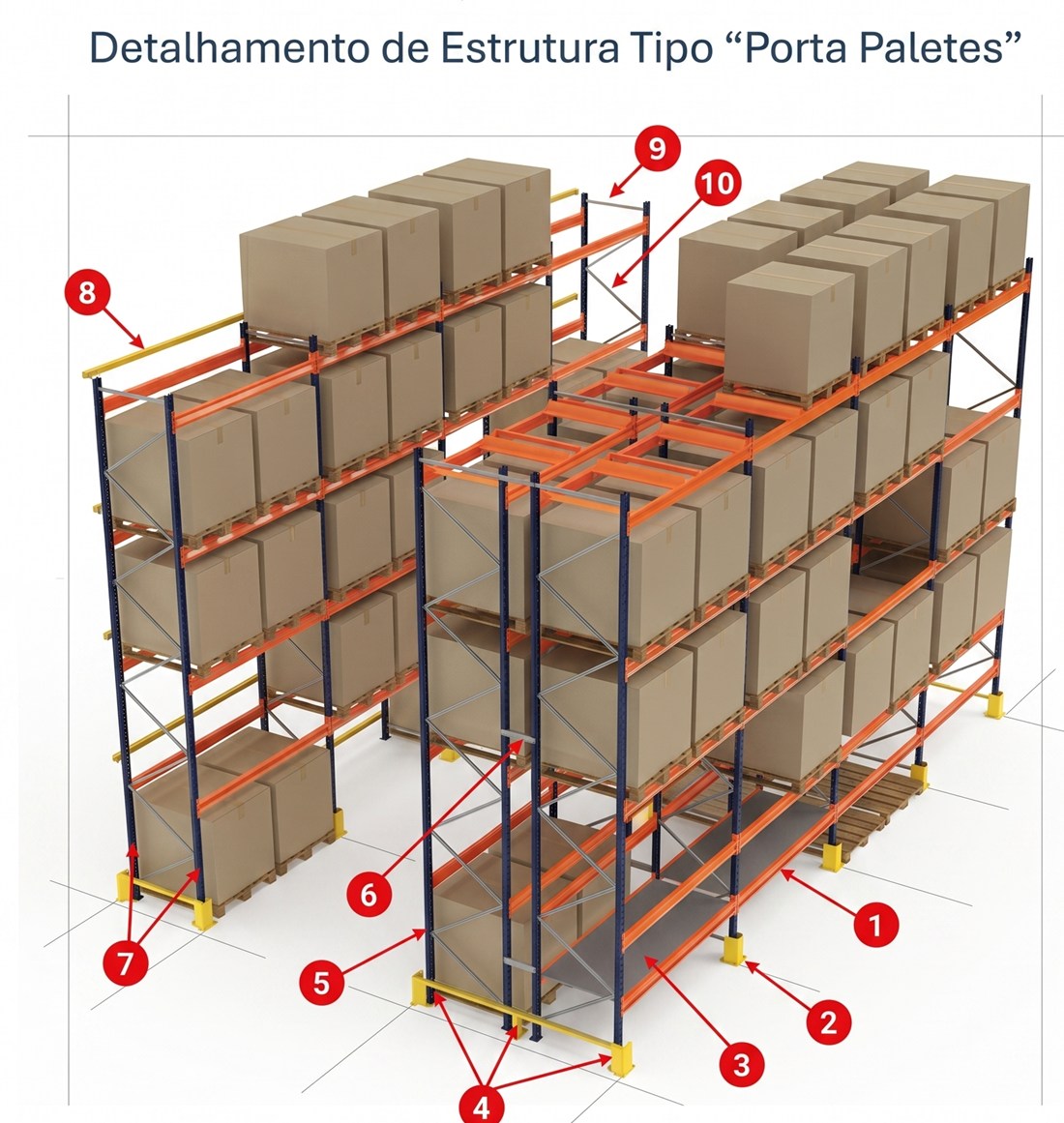 Modelo tridimensional detalhado de porta-paletes com identificação dos componentes